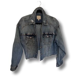 Liverpool Los Angeles cropped distressed jean jacket with studded detail, size L